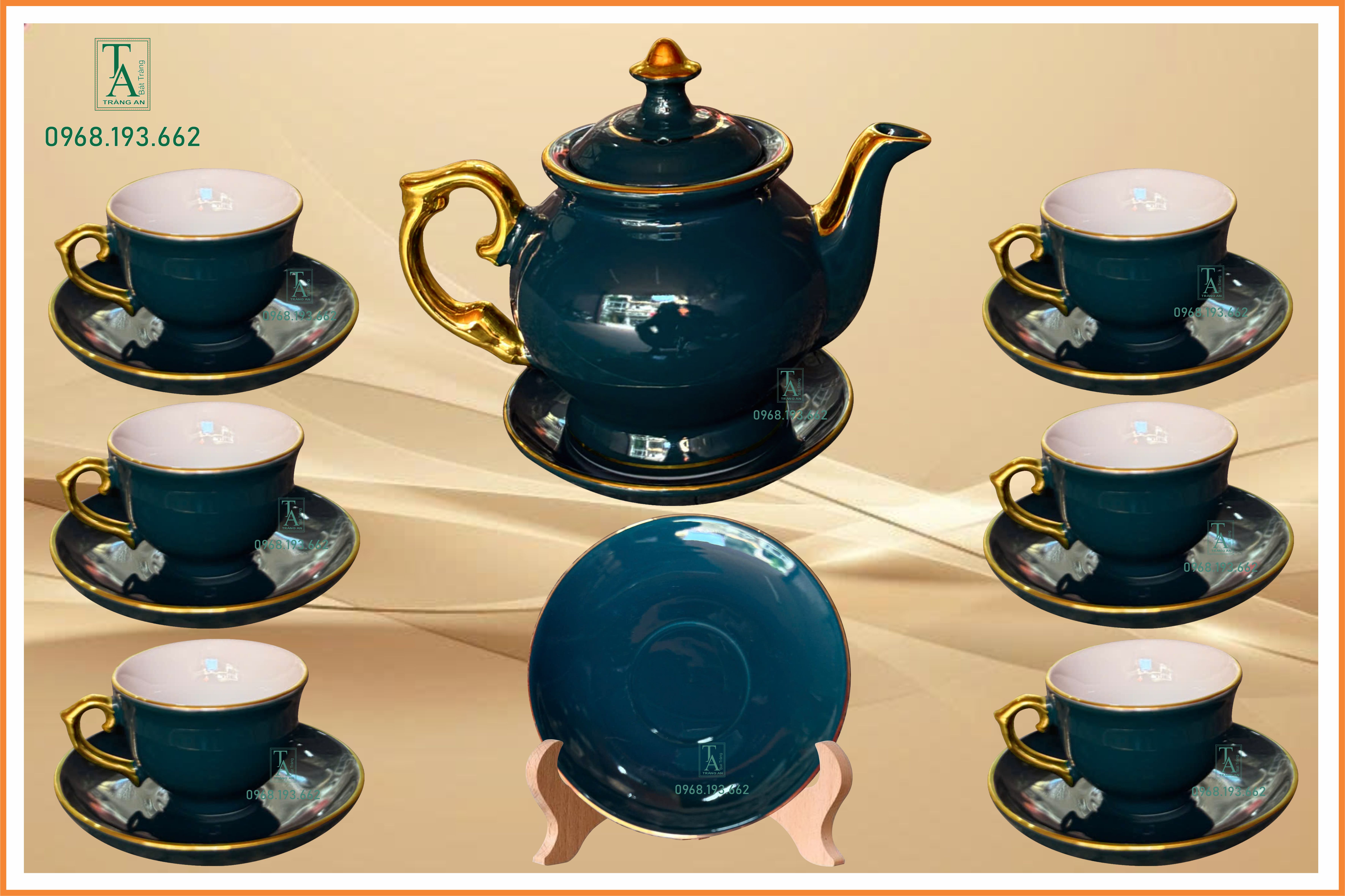 Bộ trà phú quý  men xanh lục bệt vàng kim 24k